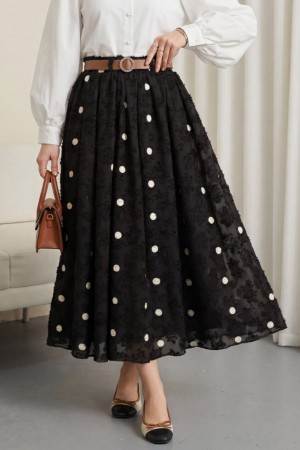 Thick, Belted, Textured, Embossed Patterned, Lined Chiffon Skirt -Black