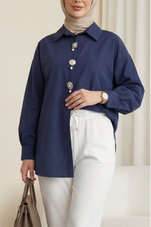 Broş Detaylı Gizli Düğmeli Poplin Gömlek -Laci