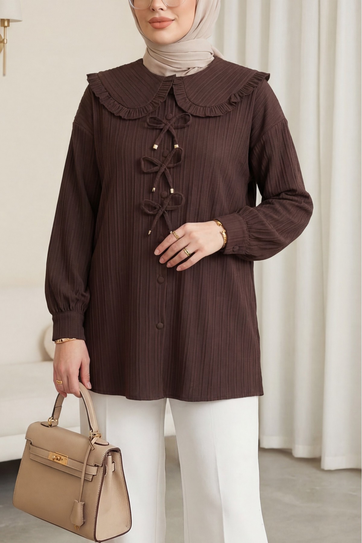 Buttoned Apron Collar Shirt with Ribbon Detail on the Front  -Brown