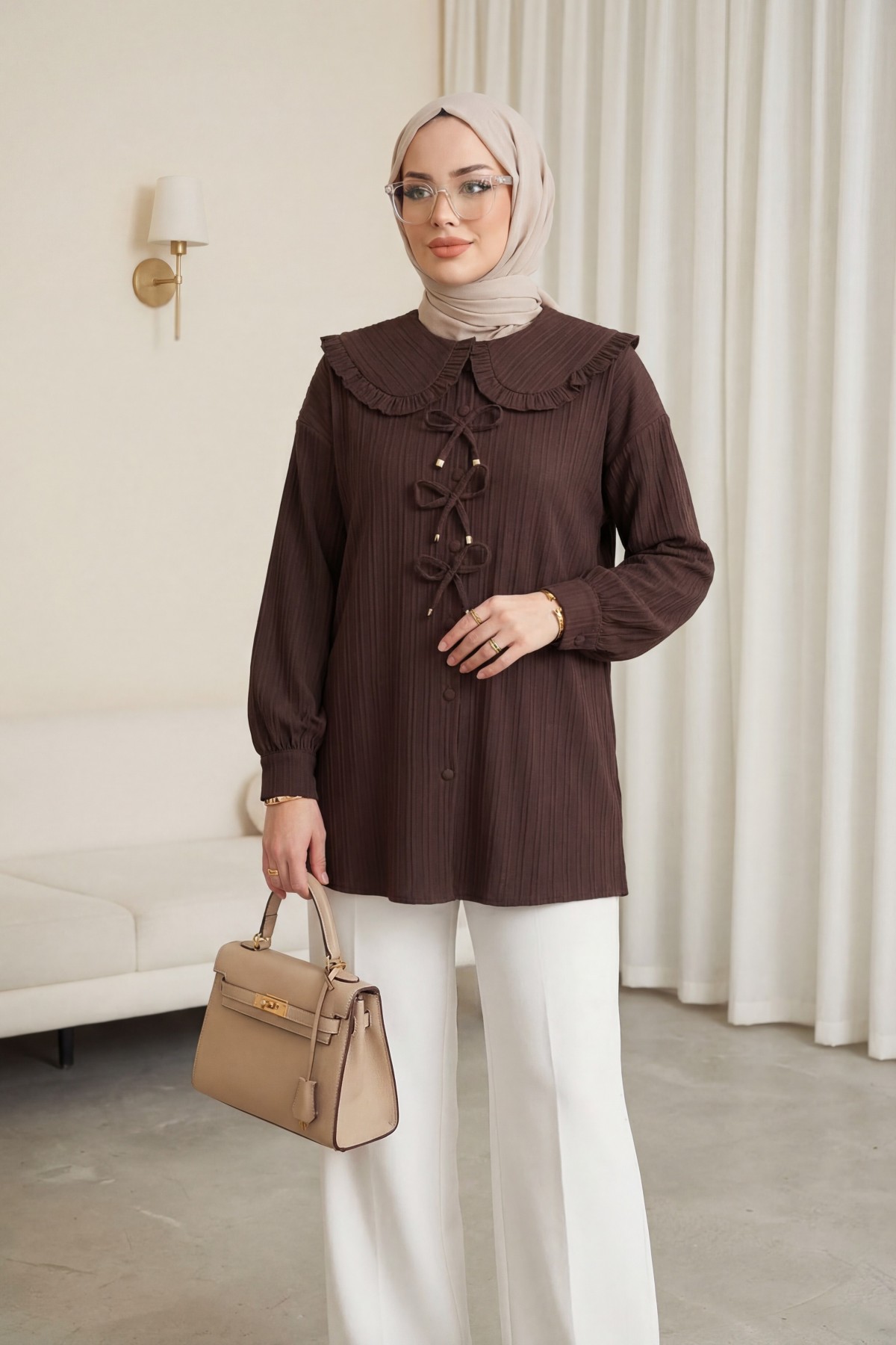 Buttoned Apron Collar Shirt with Ribbon Detail on the Front  -Brown