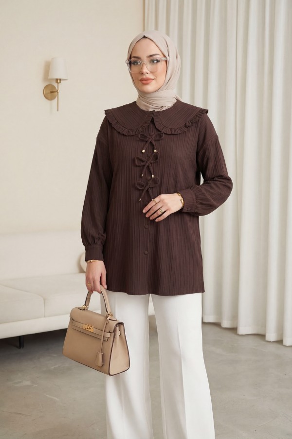 Buttoned Apron Collar Shirt with Ribbon Detail on the Front  -Brown