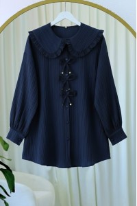 Önü Kurdele Detaylı Düğmeli Önlük Yaka Gömlek  -Laci