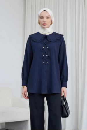 قميص بياقة مريلة وأزرار مع تفاصيل شريط على الجهة الأمامية  -كحلي