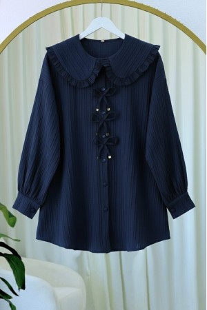 Önü Kurdele Detaylı Düğmeli Önlük Yaka Gömlek  -Laci