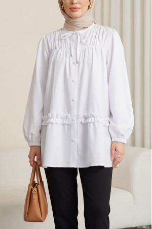 Robadan Lastikli Eteği Fırfırlı Düğmeli Poplin Tunik -Beyaz
