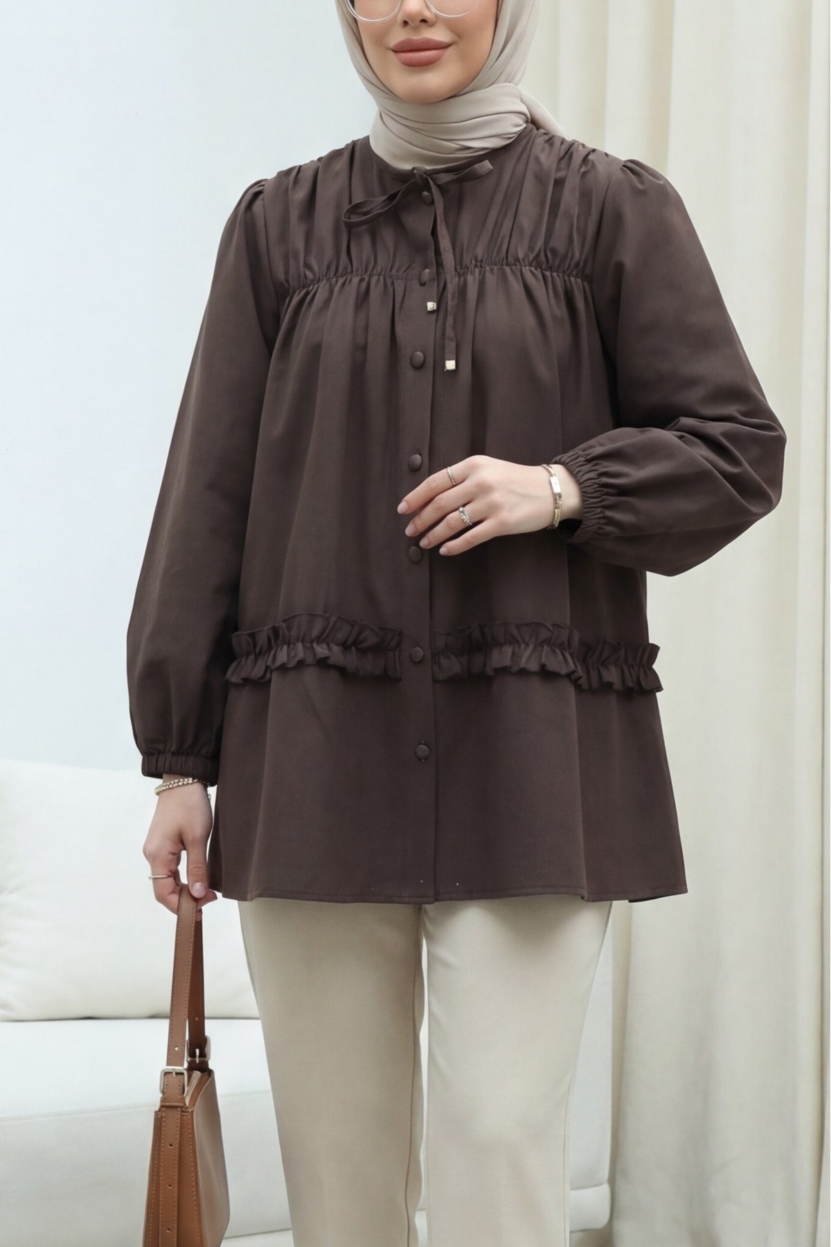 Poplin Tunic with Elasticated Waist, Ruffled Skirt and Button Closure -Dark Coffee