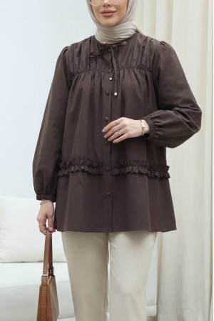 Robadan Lastikli Eteği Fırfırlı Düğmeli Poplin Tunik -K. Kahve