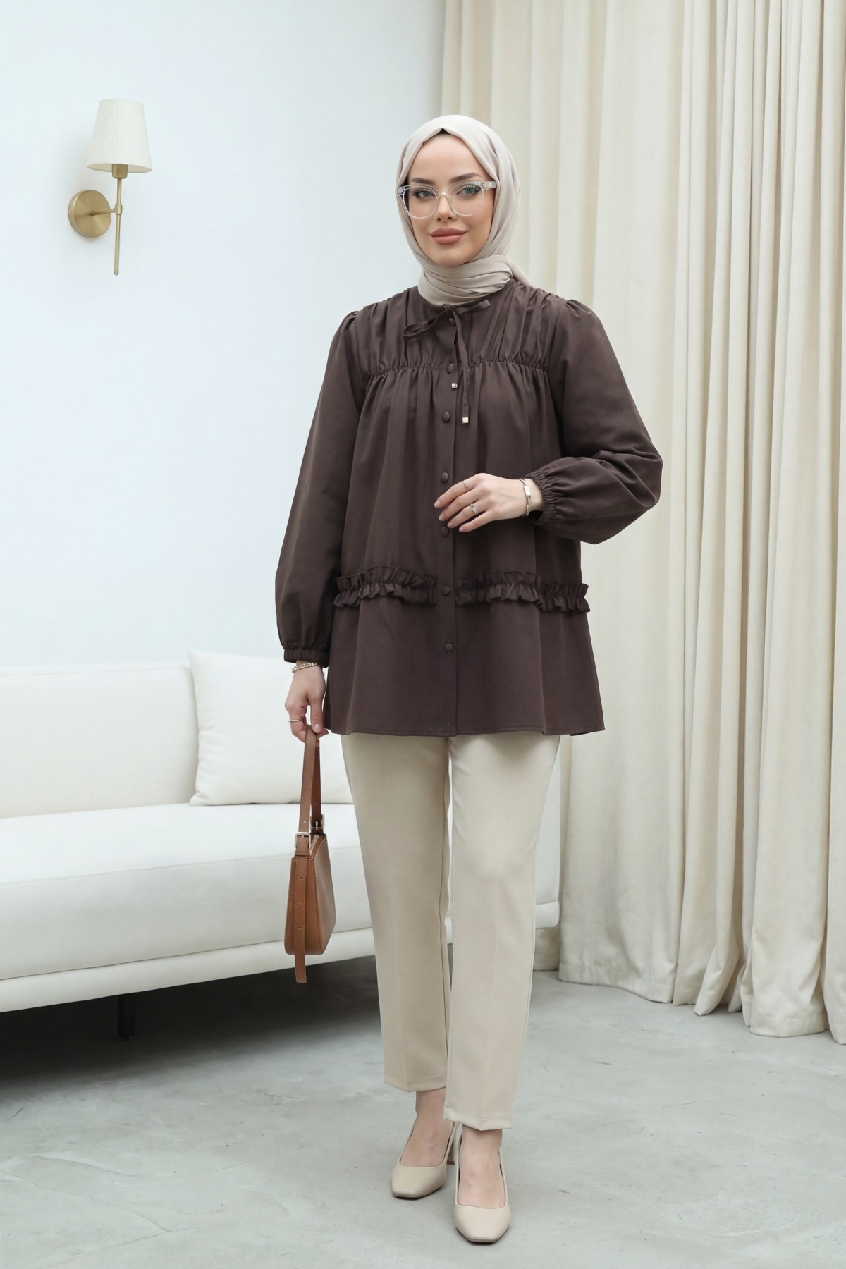 Poplin Tunic with Elasticated Waist, Ruffled Skirt and Button Closure -Dark Coffee