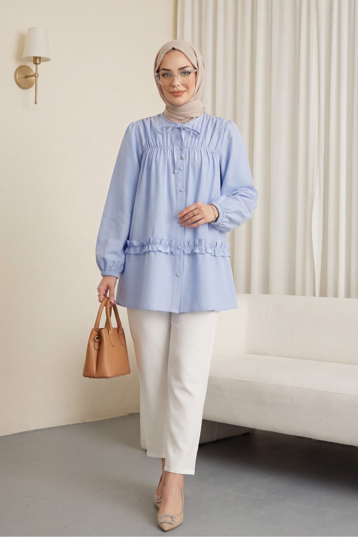 Poplin Tunic with Elasticated Waist, Ruffled Skirt and Button Closure -Blue