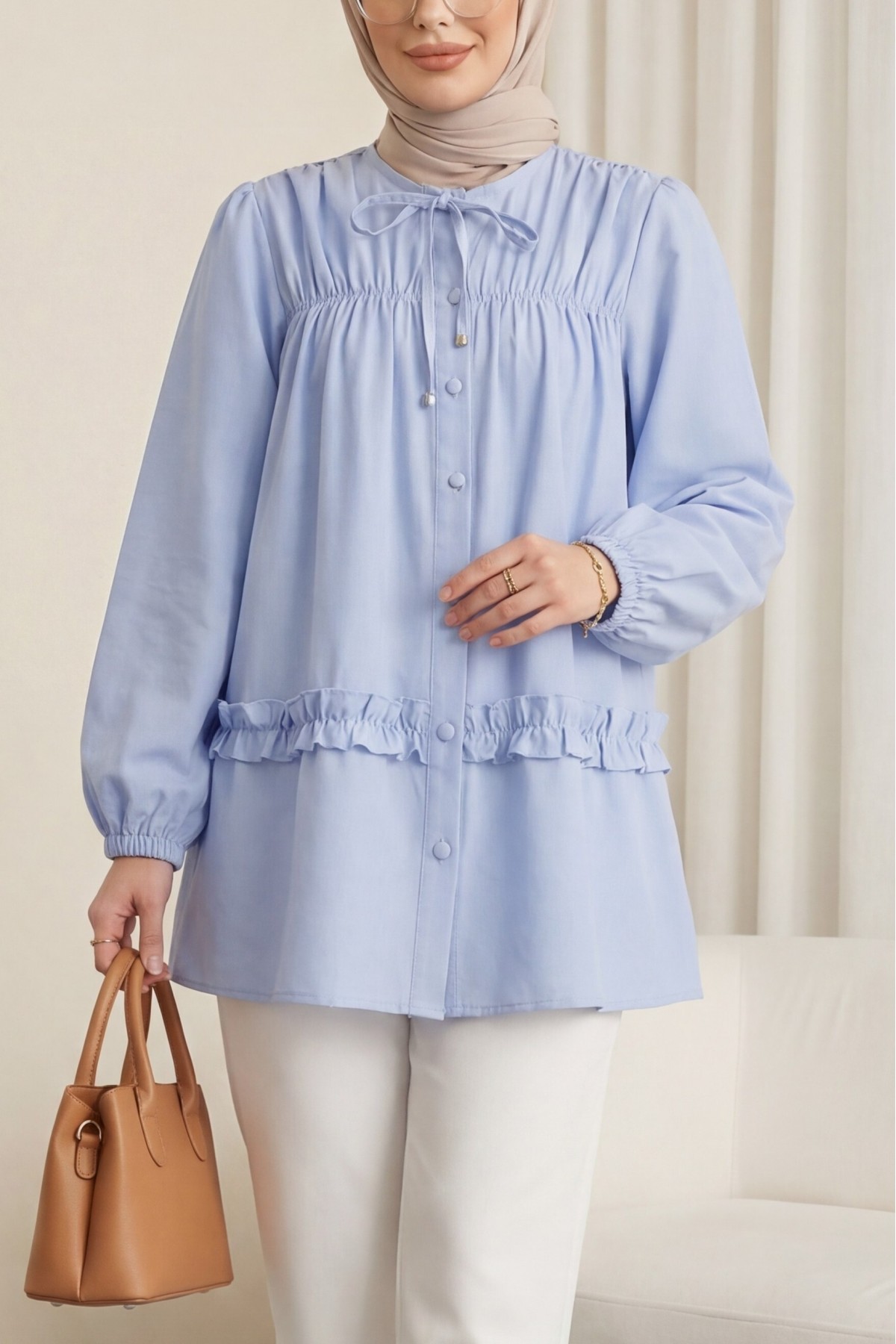Poplin Tunic with Elasticated Waist, Ruffled Skirt and Button Closure -Blue