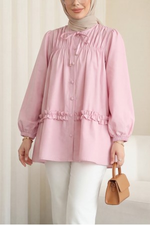Robadan Lastikli Eteği Fırfırlı Düğmeli Poplin Tunik -Pembe