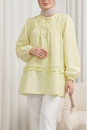 Robadan Lastikli Eteği Fırfırlı Düğmeli Poplin Tunik -Sarı