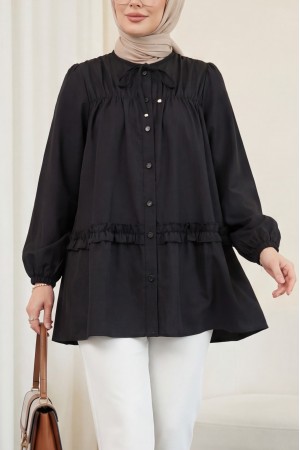Robadan Lastikli Eteği Fırfırlı Düğmeli Poplin Tunik -Siyah