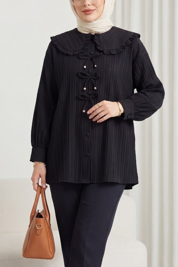 Buttoned Apron Collar Shirt with Ribbon Detail on the Front   -Black