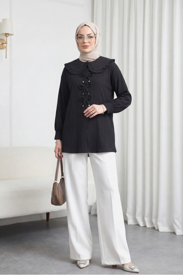 Buttoned Apron Collar Shirt with Ribbon Detail on the Front   -Black
