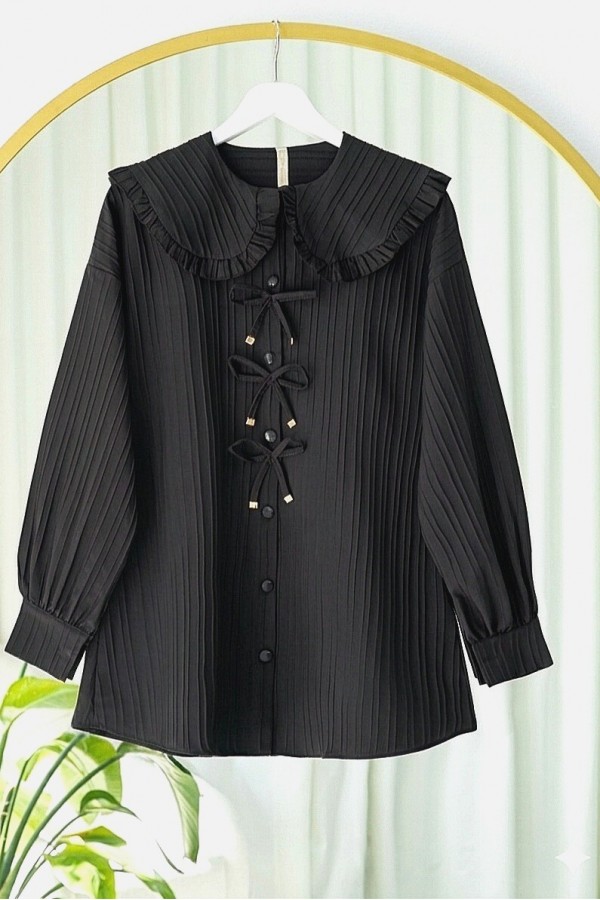 Buttoned Apron Collar Shirt with Ribbon Detail on the Front   -Black
