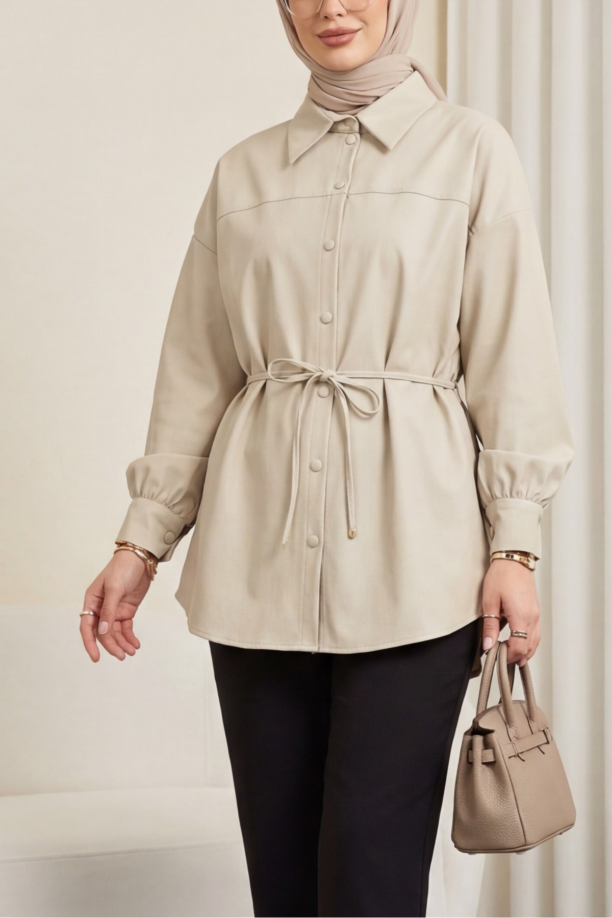 Oversize Modal Tunic with Belt and Button Closure - Beige
