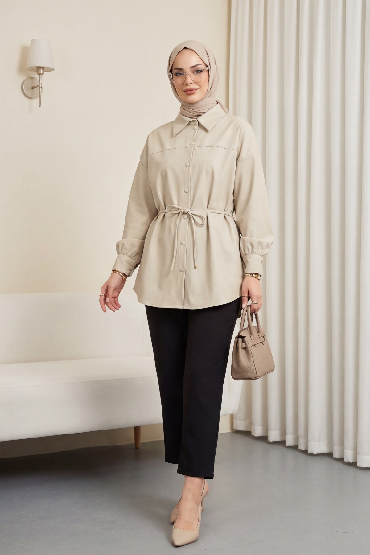 Oversize Modal Tunic with Belt and Button Closure - Beige