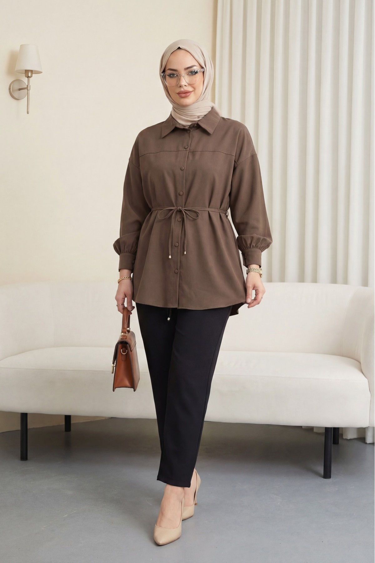 Beli Bağcıklı Düğmeli Oversize Modal Tunik -Kahve