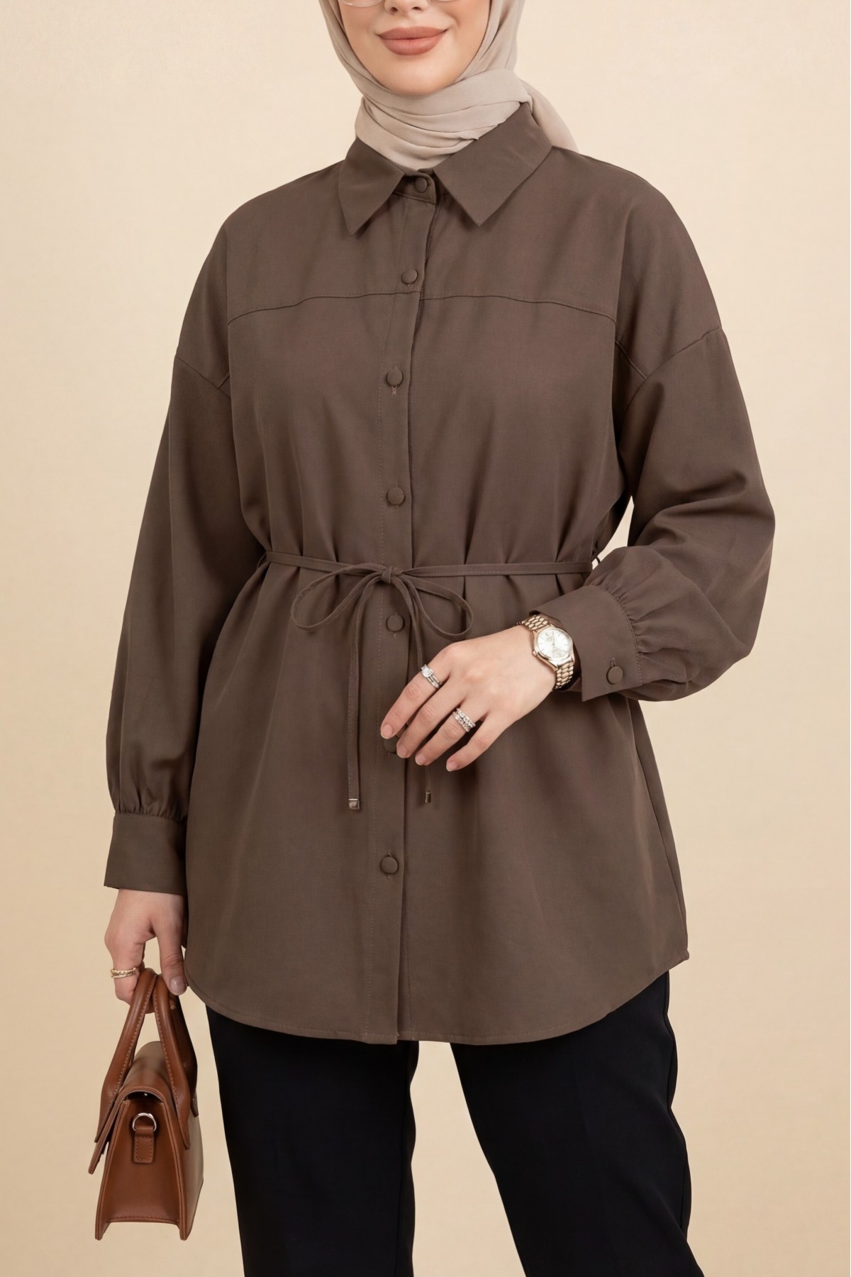 Beli Bağcıklı Düğmeli Oversize Modal Tunik -Kahve
