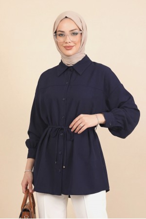 سترة طويلة واسعة من قماش المودال مع حزام وإغلاق بأزرار -كحلي