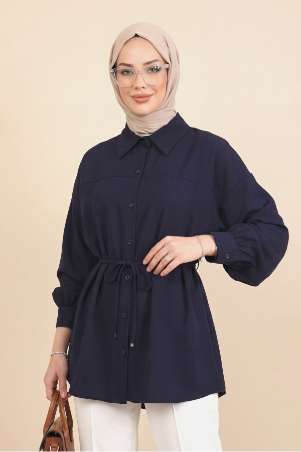 سترة طويلة واسعة من قماش المودال مع حزام وإغلاق بأزرار -كحلي