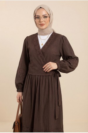 Dantel Detaylı Bağlamalı Kolu Lastikli Kraş Etekli Takım    -K. Kahve