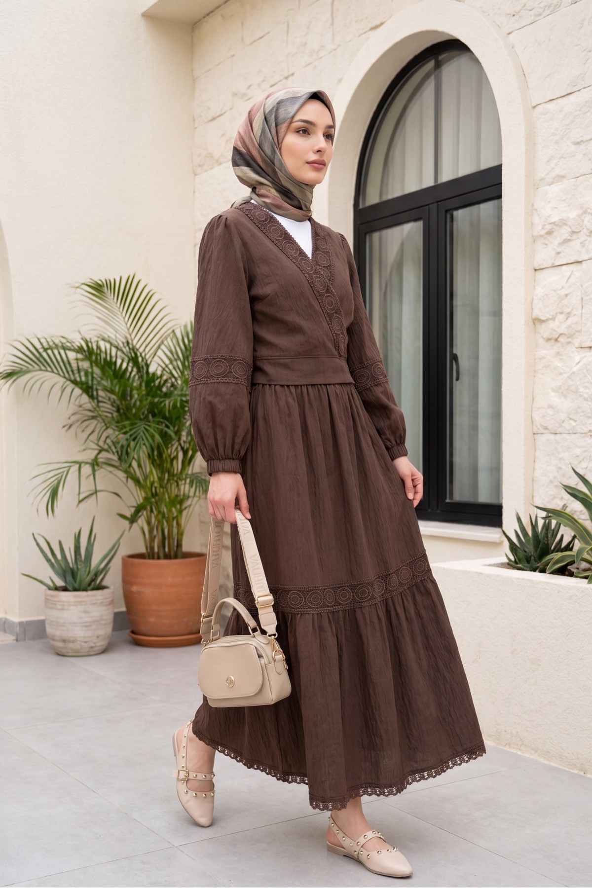 Lace Detailed Tied Elastic Sleeve Knit Skirt Suit   -Dark Coffee