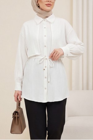 Beli Bağlamalı Bolero Detaylı Taşlı Düğmeli Gömlek  -Beyaz