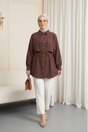 قميص بوليرو مربوط الخصر مع أزرار وتفاصيل حجرية  -بني محروق