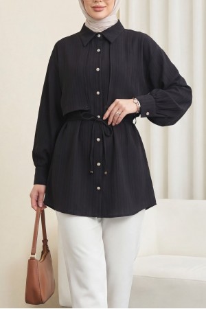 Beli Bağlamalı Bolero Detaylı Taşlı Düğmeli Gömlek  -Siyah