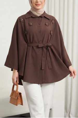 Önü Çiçek Detaylı Beli Bağcıklı Düğmeli Panço   -Kahve