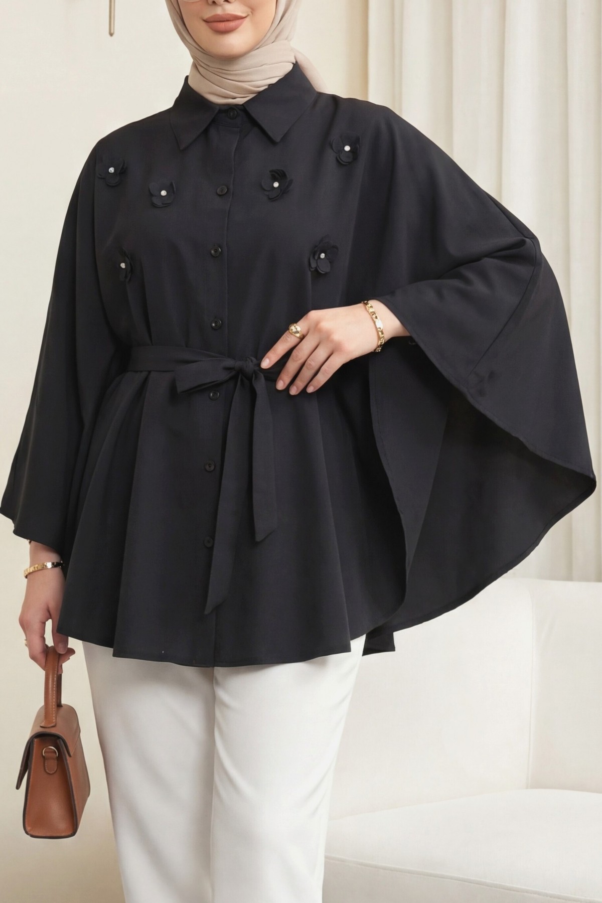 Poncho with Flower Detail on the Front and Buttons and Tie at the Waist   -Black