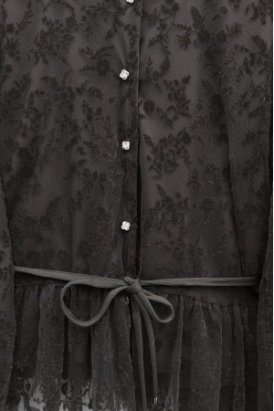 Dik Yaka Flog Baskılı Balon Kol Beli Bağcıklı Etekli Astarlı Tül Takım -Kahve