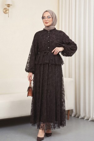 Dik Yaka Flog Baskılı Balon Kol Beli Bağcıklı Etekli Astarlı Tül Takım -Kahve