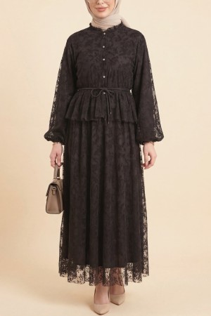 Dik Yaka Flog Baskılı Balon Kol Beli Bağcıklı Etekli Astarlı Tül Takım -Kahve