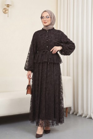 Dik Yaka Flog Baskılı Balon Kol Beli Bağcıklı Etekli Astarlı Tül Takım -Kahve