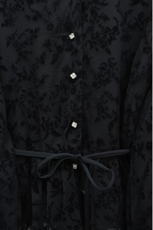 Dik Yaka Flog Baskılı Balon Kol Beli Bağcıklı Etekli Astarlı Tül Takım -Siyah