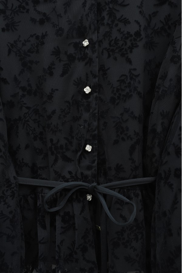 High Neck, Flock Print, Balloon Sleeve, Drawstring Waist, Lined Tulle Set with Skirt -Black