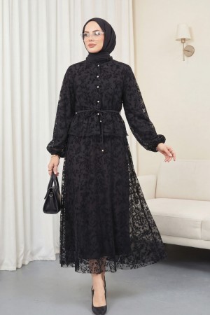 Dik Yaka Flog Baskılı Balon Kol Beli Bağcıklı Etekli Astarlı Tül Takım -Siyah