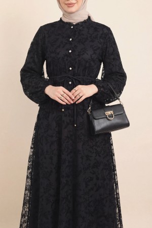 Dik Yaka Flog Baskılı Balon Kol Beli Bağcıklı Etekli Astarlı Tül Takım -Siyah