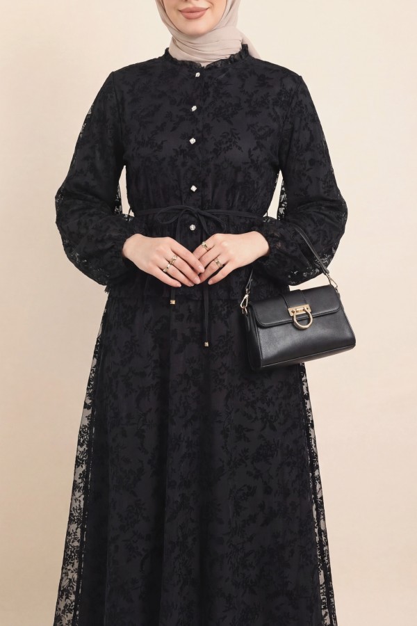 High Neck, Flock Print, Balloon Sleeve, Drawstring Waist, Lined Tulle Set with Skirt -Black