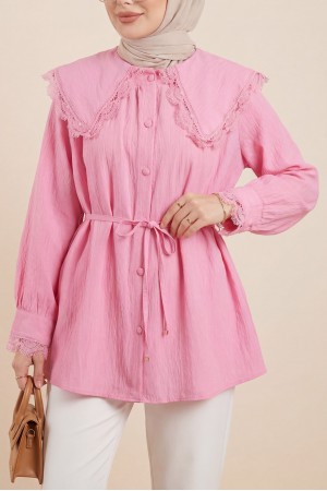 Bebe Yaka Fistolu Beli Bağcıklı Modal Tunik -Pembe