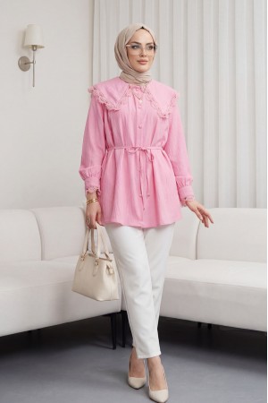 Bebe Yaka Fistolu Beli Bağcıklı Modal Tunik -Pembe