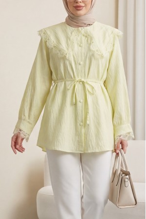 Bebe Yaka Fistolu Beli Bağcıklı Modal Tunik  -Açık Sarı