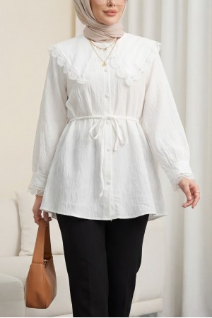 Bebe Yaka Fistolu Beli Bağcıklı Modal Tunik  -Ekru