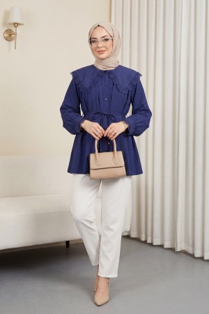 Bebe Yaka Fistolu Beli Bağcıklı Modal Tunik  -Laci