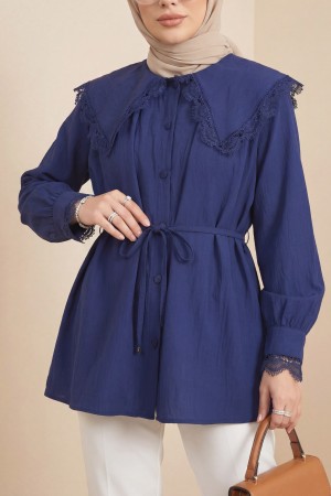 Bebe Yaka Fistolu Beli Bağcıklı Modal Tunik  -Laci