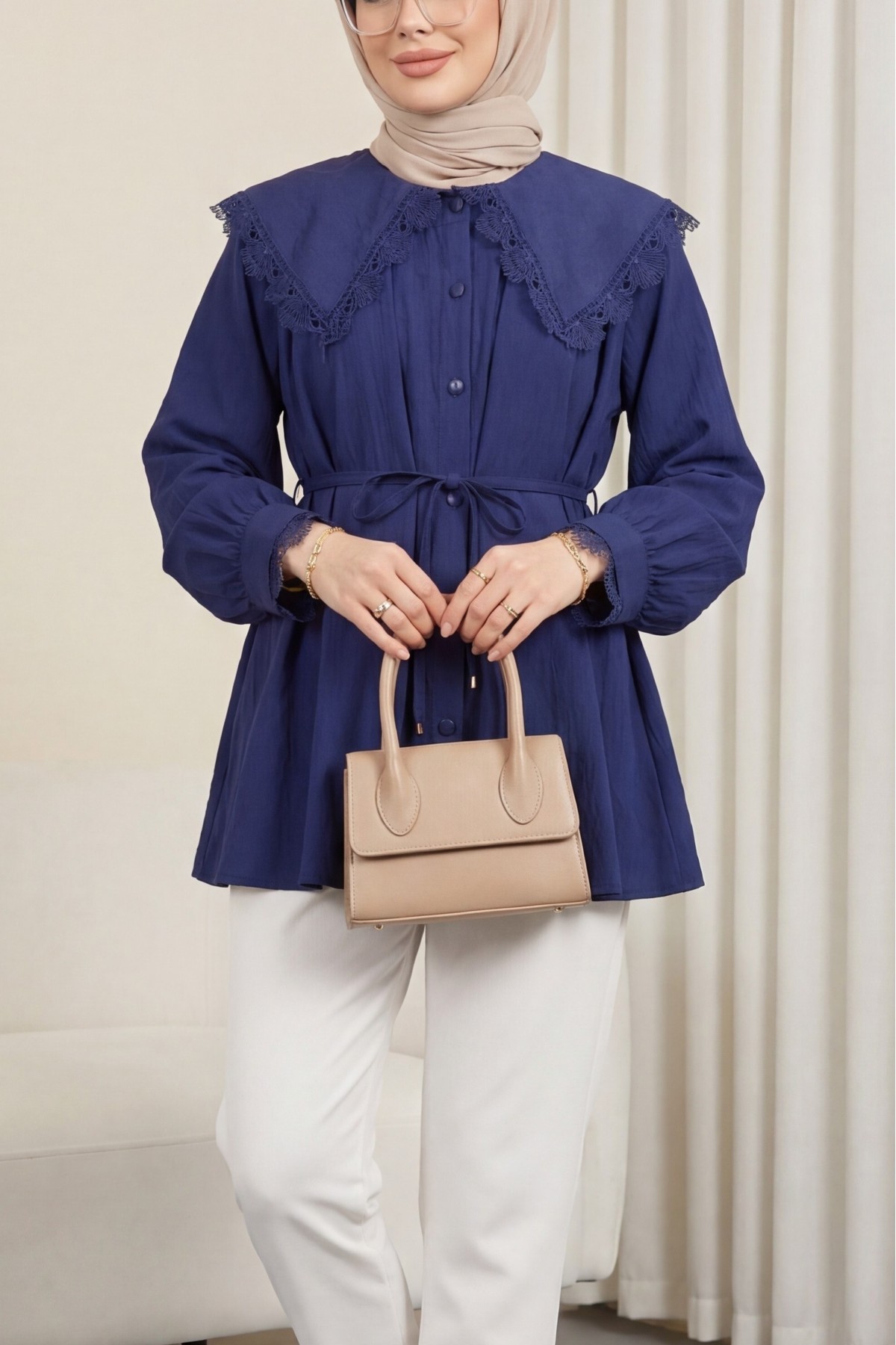 Peter Pan Collar, Ruffled, Drawstring Waist Modal Tunic  -Navy blue