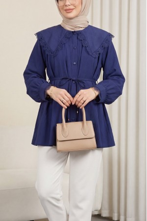 Bebe Yaka Fistolu Beli Bağcıklı Modal Tunik  -Laci